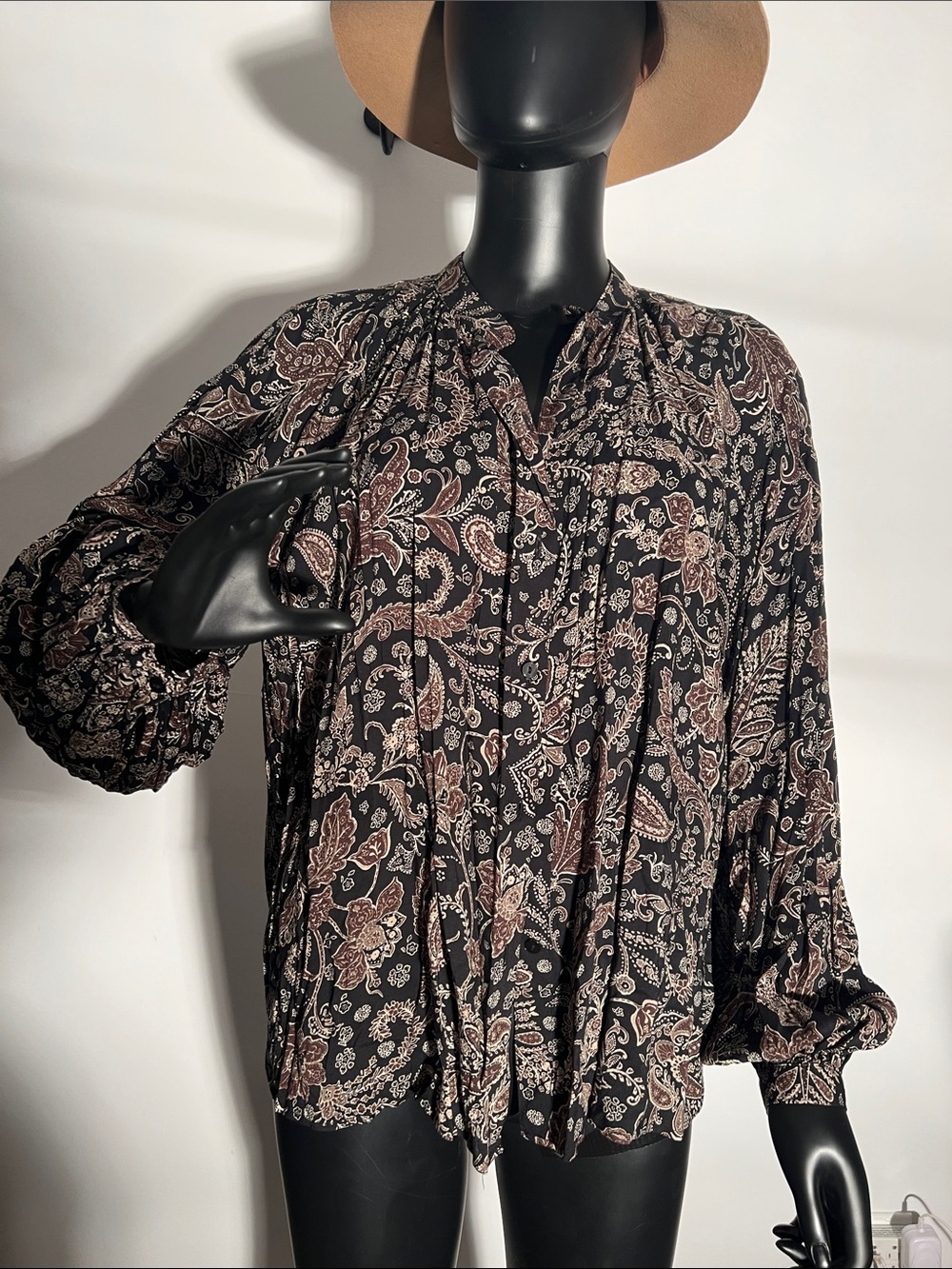 H&M Black Paisley Tie-Neck Blouse with Brown Accents